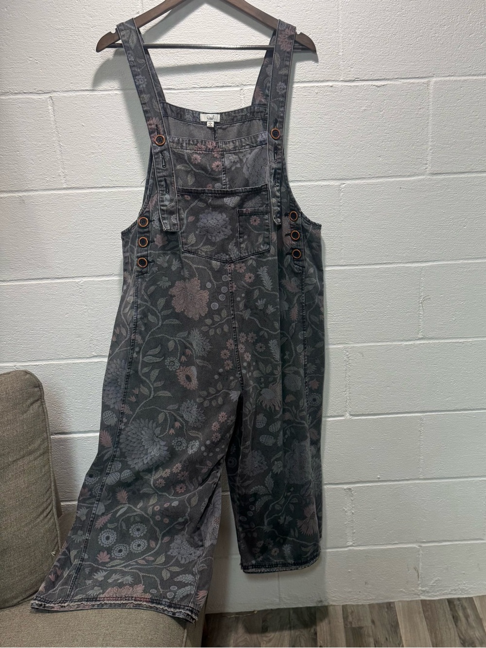 easel Gray Floral Print Wide-Leg Denim Overalls
